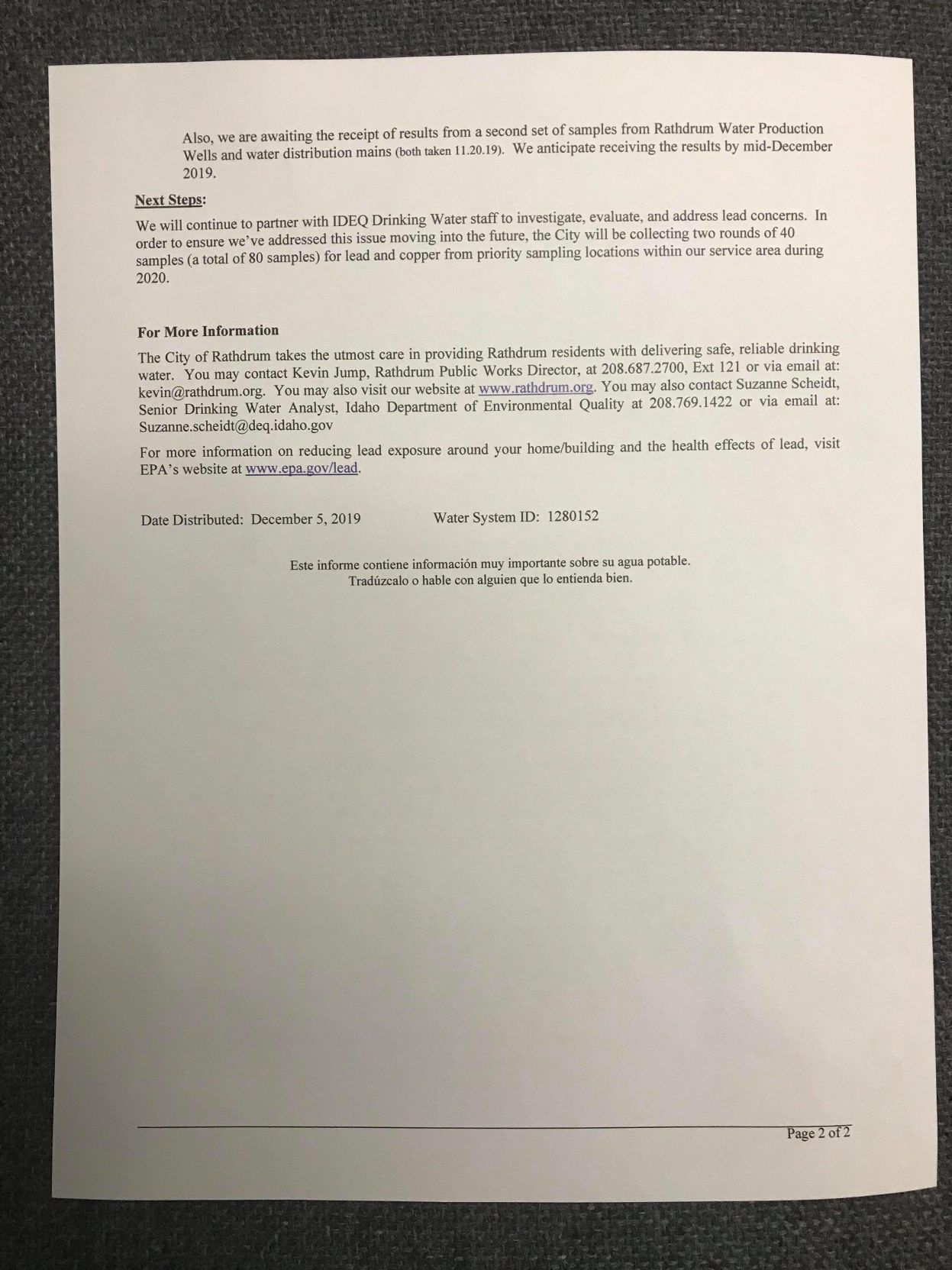 Letter from City of Rathdrum addressing lead in water